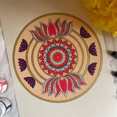 This artwork is inspired by the beautiful lotus motifs found in traditional Indian art. The central mandala is surrounded by large, elegant lotus flowers, creating a piece that feels both spiritual and decorative.