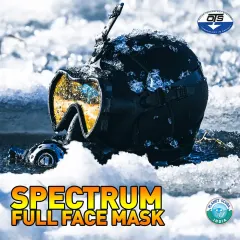 Built for extreme environments, the OTS Spectrum Full Face Mask is shown here in icy conditions. It provides crucial thermal protection by keeping the face warm and sealed from freezing water, reducing the stress of cold-water shock.
