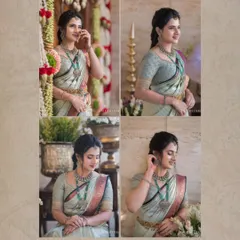 A collage celebrating Ranjitha's complete look, from the intricate jewelry pairing to the elegant drape of her VijayShree Kanjivaram.