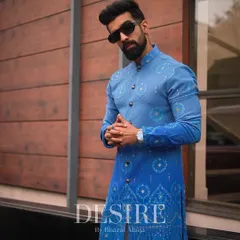 Modern tradition in a striking shade of blue. This custom bandhgala kurta set features intricate geometric patterns, offering a fresh, contemporary take on classic ceremonial wear. It is designed for the man who leads with style.