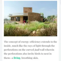 The perforated Jaali wall acts as a living, breathing skin for the house. These perforations allow light and air to filter through while also providing nesting spaces for local birds, directly contributing to the site's biodiversity.