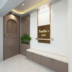 A closer look at the custom nameplate and safety door. The design uses a consistent color palette and arched motifs to create a sophisticated and cohesive look.