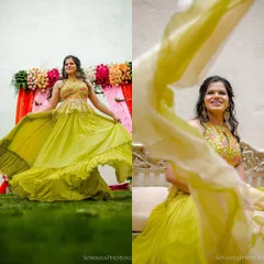 A happy bride twirling in her beautiful mehendi ceremony outfit. Her joy is what makes my detailed work so rewarding.