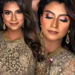 Another angle of the bronze glam look, showing how the contour and highlight work together to sculpt the face. The earthy tones on the eyes and lips complete this elegant style.
