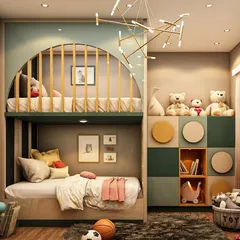 This charming kids' room features a custom bunk bed with a playful arched railing. The earthy green and yellow color palette, along with whimsical decor and ample storage for toys, creates a delightful and organized space.