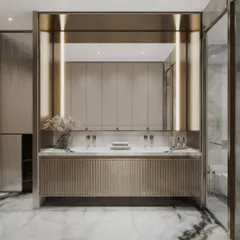 Two views of a sleek, modern bathroom featuring a long vanity with fluted details and warm, integrated lighting. Our renders highlight the beautiful contrast between the veined marble floor and the matte gold and beige finishes.
