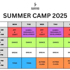 Plan a healthy and active summer for your child with our camp schedule. We offer a balanced mix of physical activities like dance and yoga, and creative pursuits like art and acting classes.