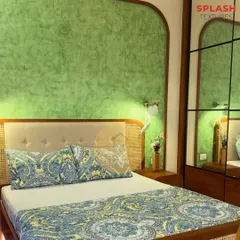 A serene bedroom featuring a dual-tone green textured paint on an arched feature wall. The custom bed has a cane headboard and frame, blending natural materials with a pop of color for a refreshing, ethnic vibe.