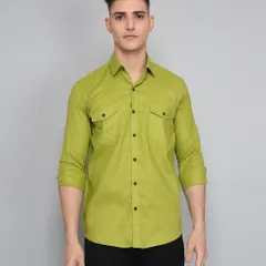 A standard front-facing model shot of a men's green shirt against a neutral grey backdrop. This is the essential hero image for any e-commerce product listing, showing the full garment clearly.