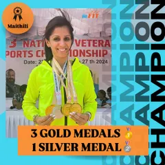 We celebrate Maithili Agasti's remarkable achievements at the National Masters Sports Championship. She secured silver in the 200m and brought home three gold medals in the 400m and relay events. A true champion performance!