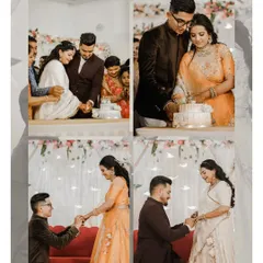A collage capturing the key moments of a ring ceremony, from the proposal and ring exchange to the cake cutting with family.