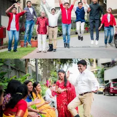 A "funtabulous" family in action. The men jumping for joy and the women sharing a laugh show the dynamic and lively spirit of this get-together.