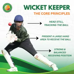 The core principles of a wicket keeper. We teach the fundamentals of a strong stance, large hand area, and keeping the head still to track the ball.