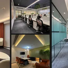 A collage showing different zones within the Rays Power office. It highlights the sleek glass-walled meeting rooms, open desk areas, and a comfortable lounge space with leather sofas, demonstrating how we balance collaborative and private work areas.