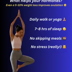 To help your hormones, you don't need extreme measures. Even a 5 to 10 percent weight loss can improve ovulation. Simple habits like a daily walk, 7 to 8 hours of sleep, and not skipping meals make a huge difference.