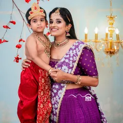 A beautiful portrait of a mother and her son during our Krishna themed photoshoot. We ensure both mother and child are comfortable, allowing us to capture these moments of genuine affection and connection.