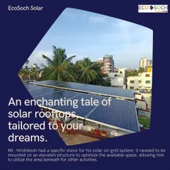 This project for Mr. Hrishikesh showcases a custom-designed 5.34kWp on-grid system on an elevated structure. This approach optimizes space, allowing the homeowner to still use the terrace area beneath the panels for other activities.