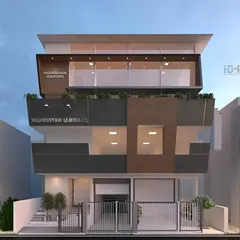 This render shows our design for a commercial complex in Peenya. The facade is articulated with angled planes and a mix of materials to create a visually interesting form that breaks away from a simple box.