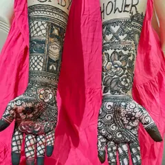 I love making your mehendi personal. This custom design was for a beautiful mom-to-be, with "Baby Shower" written across her arms. We can incorporate any name, date, or special message into your henna.
