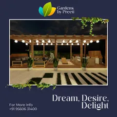A concept for a pergola-covered lounge, illuminated by beautiful string lights. This design focuses on creating a dream-like, delightful space for evening relaxation and entertainment.