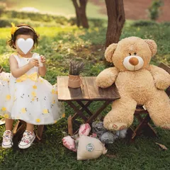 A perfect picnic date with a teddy bear. This outdoor session, with its beautiful natural light, creates a soft and dreamy atmosphere. (Face hidden for privacy).