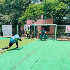 A player practices their drag-flick, aiming for the corner of the goal. This is an advanced skill that we break down and practice extensively.