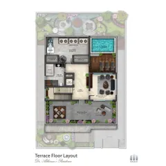 The terrace floor layout is designed as a dedicated zone for wellness and entertainment. The plan includes a gym, sauna, swimming pool with a deck, and a large semi-covered lounge, showcasing our holistic approach to luxury living.