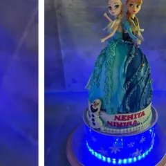 A full view of the illuminated Frozen cake for twin girls, Nehita and Nihira.
