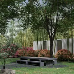The architecture of this weekend retreat is designed to be a quiet backdrop to the landscape. The solid, textured walls of the building contrast with the soft, dense foliage, creating a private sanctuary where the focus is on the beauty of the natural surroundings.