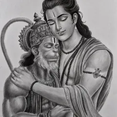This pencil sketch captures the pure devotion in the embrace between Lord Ram and his greatest devotee, Hanuman. The entire piece is rendered in black and white, using shading to convey the deep emotion and serenity of the moment.
