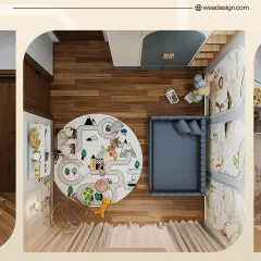 An overhead view of a compact kids' room, showing how we use smart layouts to fit a bed, play area, and storage into a small space.