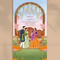 Celebrating the Mayra, a ritual full of blessings, colors, and joy. This illustrated invite captures the essence of the ceremony, with family members gathered in a beautiful, festive outdoor setting.