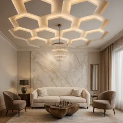 A bold, geometric false ceiling with recessed hexagonal panels. The backlighting highlights each shape, creating depth and making the ceiling a standout feature of this living room interior.