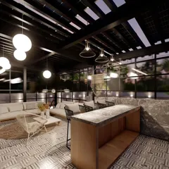 This 3D render shows a spacious rooftop bar and lounge area under a pergola, with modern lighting and a marble bar counter.