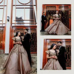 A collage of portraits from an engagement shoot, showcasing the couple's elegant outfits and the grand architecture of their venue.