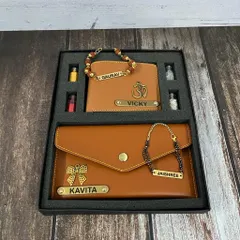 The perfect matching gift for your favorite couple. This bhai-bhabhi combo includes personalized wallets for both, a Rudraksha rakhi for him, and a mangalsutra-style bracelet for her, available in six different colors.