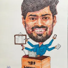 A pen-and-ink caricature for a corporate client, celebrating their "Workaholic" employee. These themed illustrations are a fantastic way to recognize team members in a fun and personalized manner during company events.