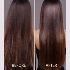From tired and frizzy to sleek and luminous. This before and after showcases the incredible results of our smoothing and conditioning treatments, revealing the hair's true potential for shine and health.
