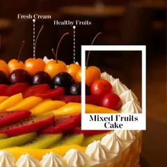 A celebration of health and taste. My mixed fruit cake is loaded with healthy, seasonal fruits like mango, kiwi, and cherries over layers of fresh cream for a guilt-free indulgence.
