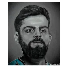 This portrait of King Kohli showcases the striking contrast that can be achieved with charcoal and white stone powder on a neutral background. It's a powerful medium for creating memorable portraits.