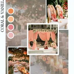 This mood board explores a 'Coral & Vanilla' color palette. The soft, warm, and effortlessly elegant tones are perfect for a dreamy and romantic daytime or sunset wedding ceremony.