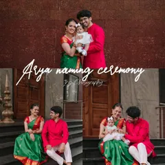 A collage from a naming ceremony, showing the new family of three. The parents are dressed in coordinating outfits and are pictured holding their baby and sitting together on steps.