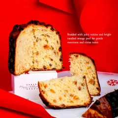 A slice of my Raisin & Candied Orange Panettone. This traditional Italian Christmas bread is buttery and cloud-like, studded with juicy raisins and citrusy candied orange peel.