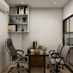 This 3D render presents a compact and highly functional office cabin. The design includes a manager's desk, visitor chairs, and wall-mounted shelving, demonstrating efficient space planning for private offices.