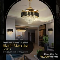 Create a harmonious and designer-led interior by renting a complete lighting set. The Black Mamba Series provides a stunning chandelier, a matching fan, and wall lights to unify your entire living space.
