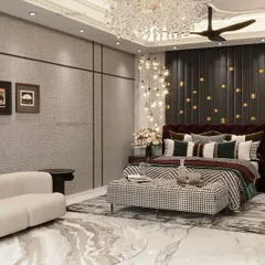 We believe in creating the perfect balance of function and elegance. This bedroom design blends a rich color palette with a stunning cascade of lights behind the bed, creating a dramatic yet comfortable atmosphere.