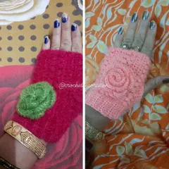 A look at two custom designs for our fingerless crochet gloves. The left features a fuzzy pink wool with a green floral accent, while the right shows a light pink glove with an elegant crocheted rose detail.