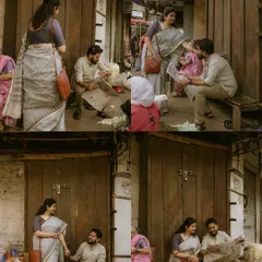 A collage showing the couple interacting in a rustic market alley. These images provide context and atmosphere, making the pre-wedding shoot feel like a scene from a classic film.