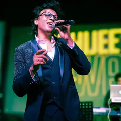 Indian Idol winner Abhijeet Sawant commanding the stage in our three-piece tuxedo. The embellished lapels and sharp tailoring make it a perfect choice for any performer or guest of honor.