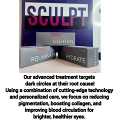 We use advanced technology like Dermafrac with specialized serums to target dark circles at their root cause. This image showcases our 'Lighten', 'Rejuvenate', and 'Hydrate' serums, which we use to reduce pigmentation and boost collagen for healthier-looking eyes.